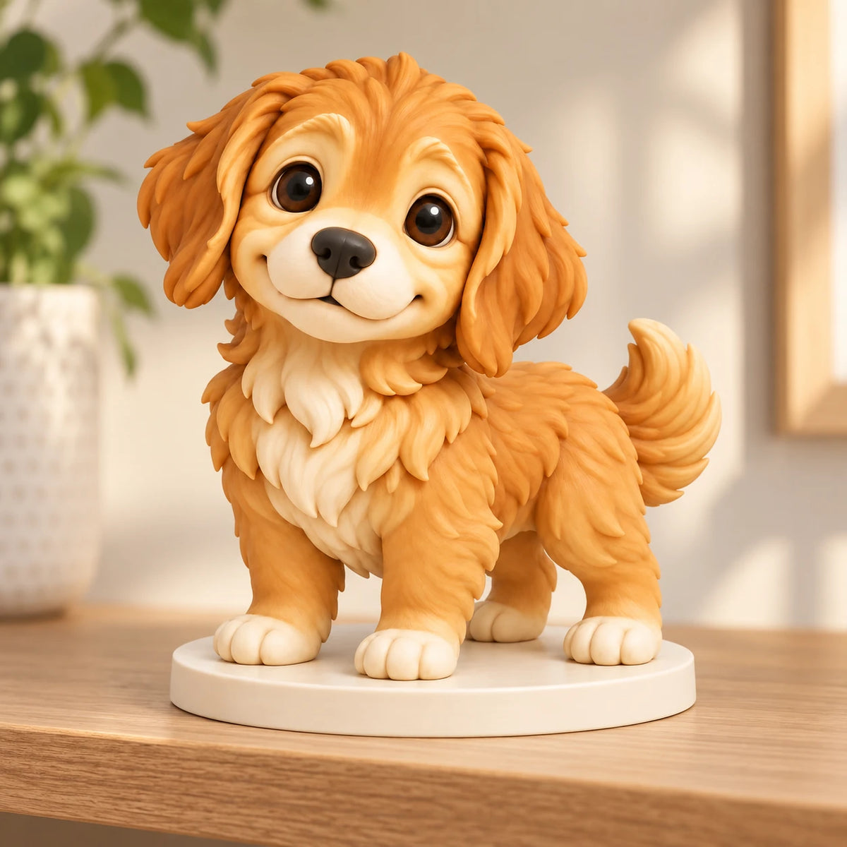 Figurine de chien fauve à queue recourbée sur un socle ovale ivoire, posée sur une étagère en bois.