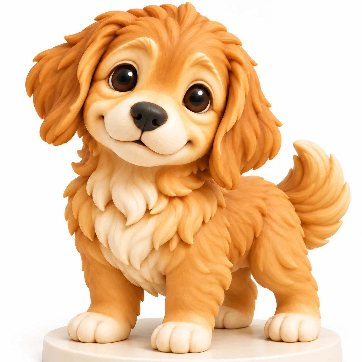 Gros plan sur la figurine de chien fauve, avec ses yeux bruns, son museau crème, son pelage sculpté et son socle ivoire.