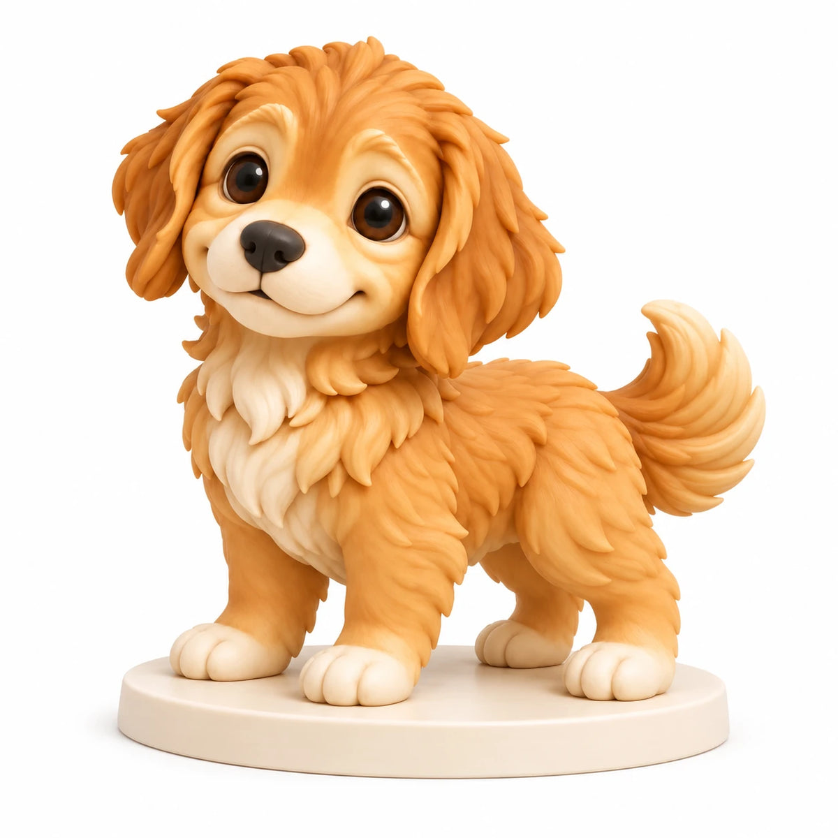 Vue de trois quarts de la figurine de chien fauve sur un socle ovale ivoire, avec sa queue recourbée visible.