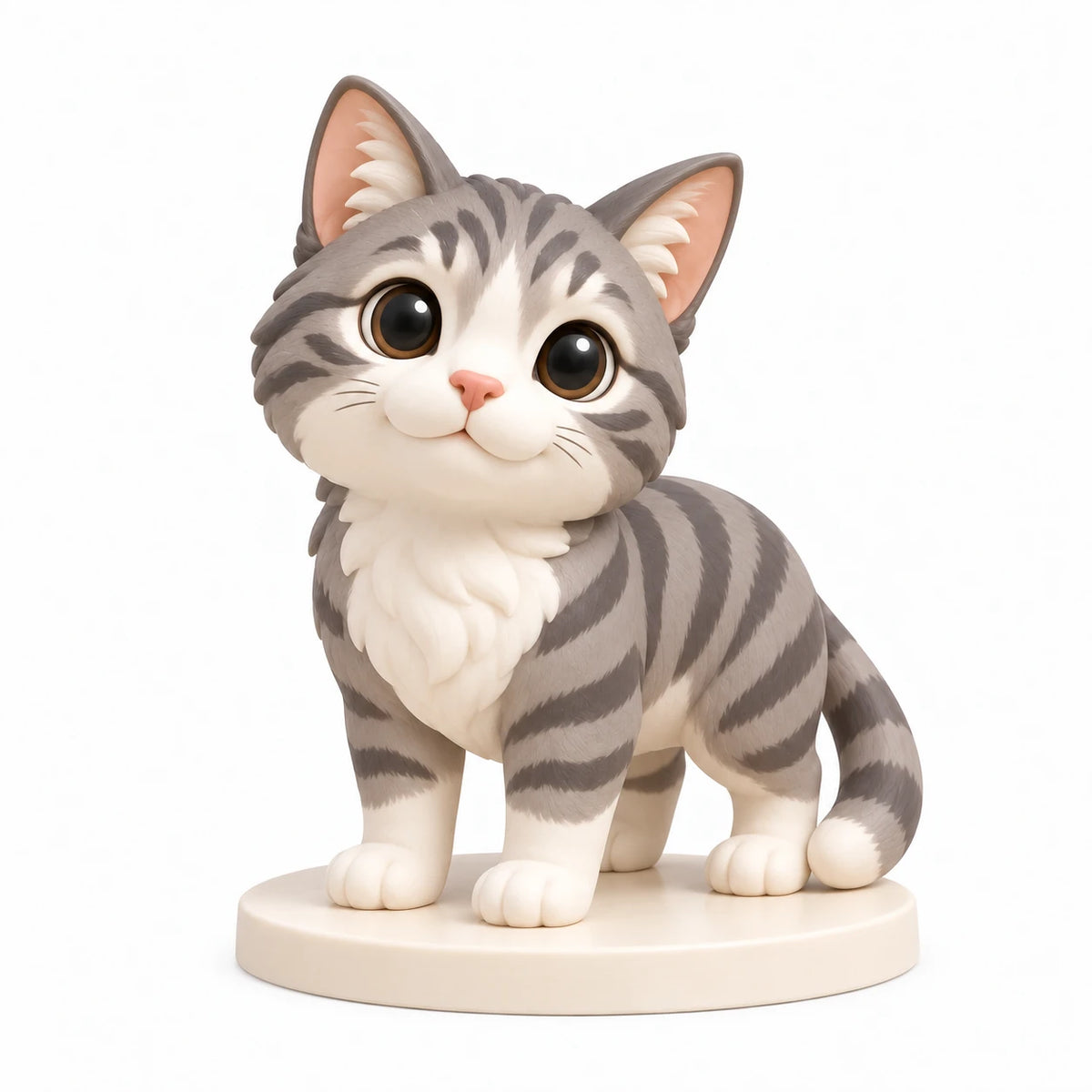 Figura chibi pintada a mano: Compañero felino de cada día, con una mascota sobre fondo blanco.