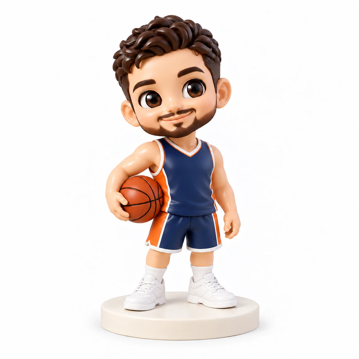 Figura chibi pintada a mano: Retrato de baloncesto, con una persona sobre fondo blanco.