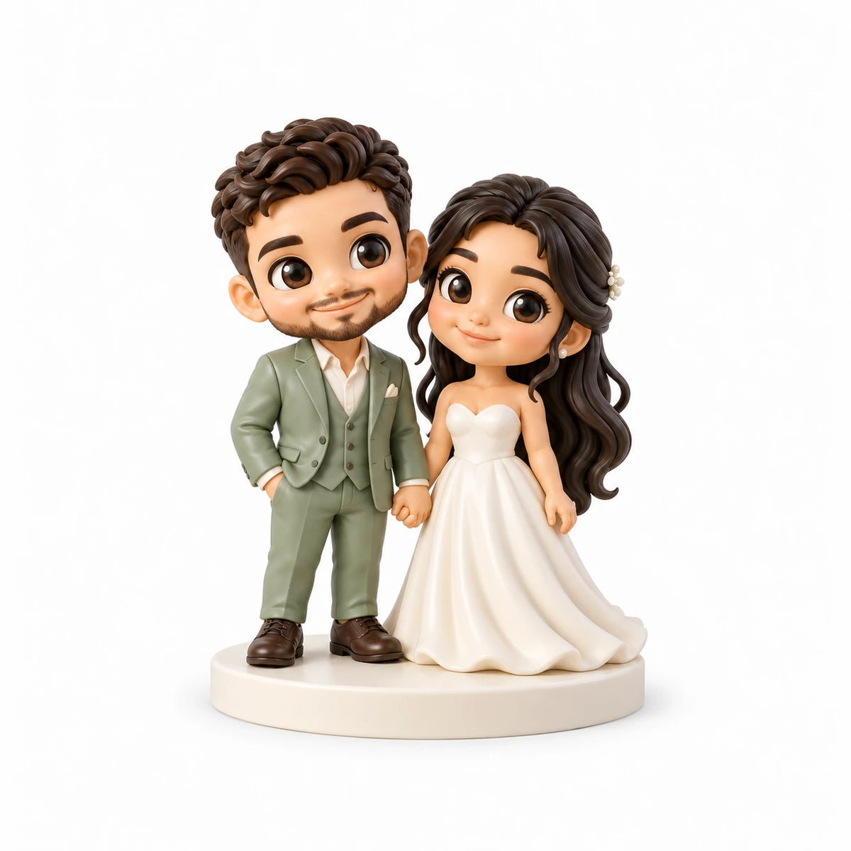 Figura chibi pintada a mano: Pareja de boda en el jardín, con dos personas sobre fondo blanco.
