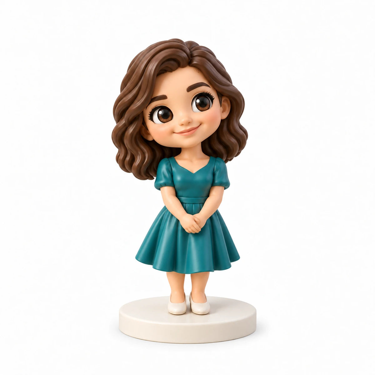 Handbeschilderd chibi-beeldje: Portret in een lievelingsjurk, met één persoon op een witte achtergrond.