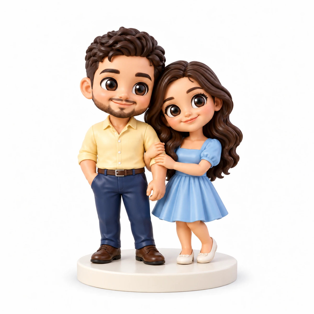 Handbemalte Chibi-Figur: Paar an sonnigen Tagen. Zwei Personen vor weißem Hintergrund.