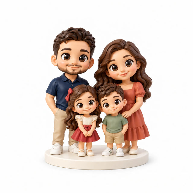 Hand-painted chibi figurine: Family of Four, featuring four people on a white background.