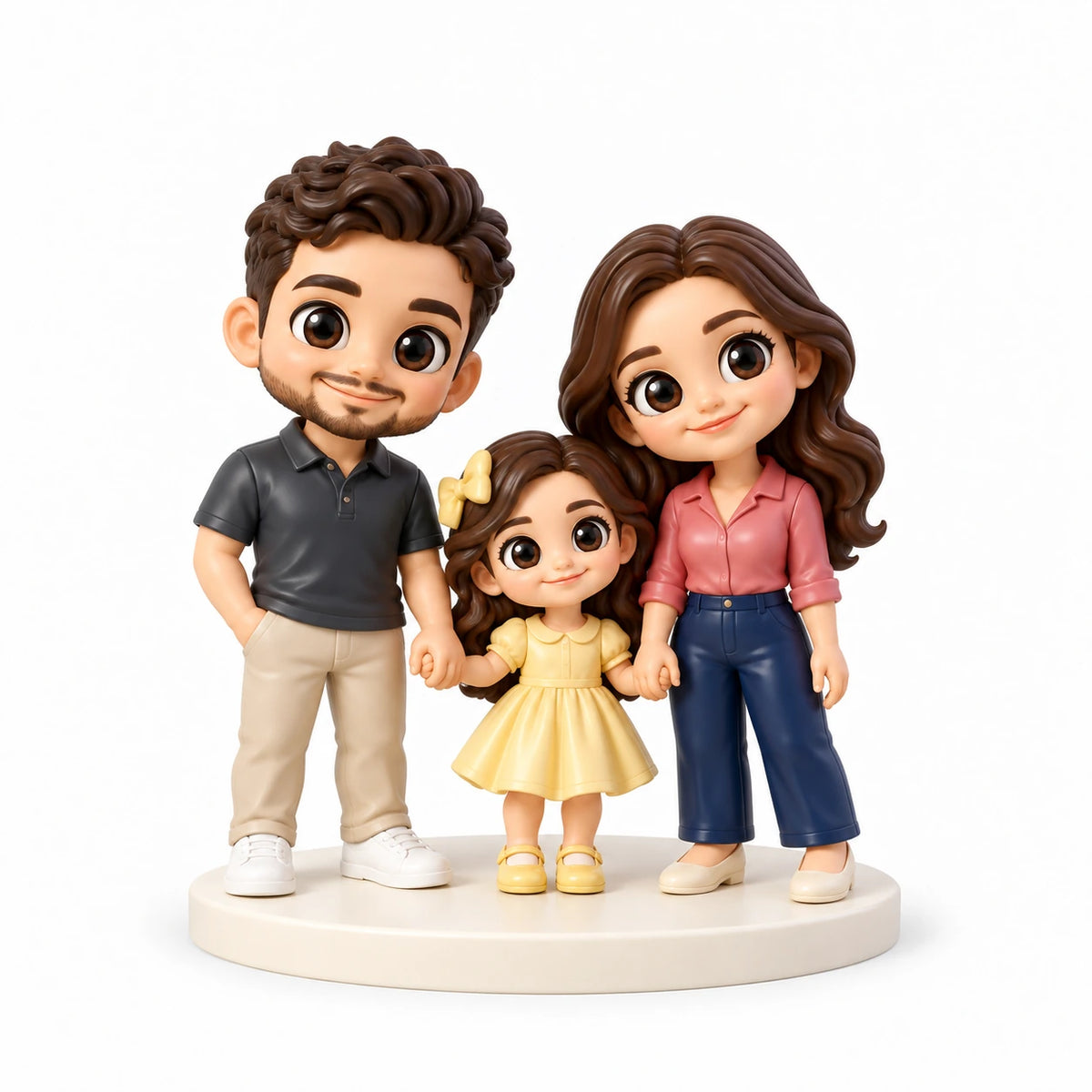 Figurine chibi peinte à la main : Parents et fille, avec trois personnes sur fond blanc.