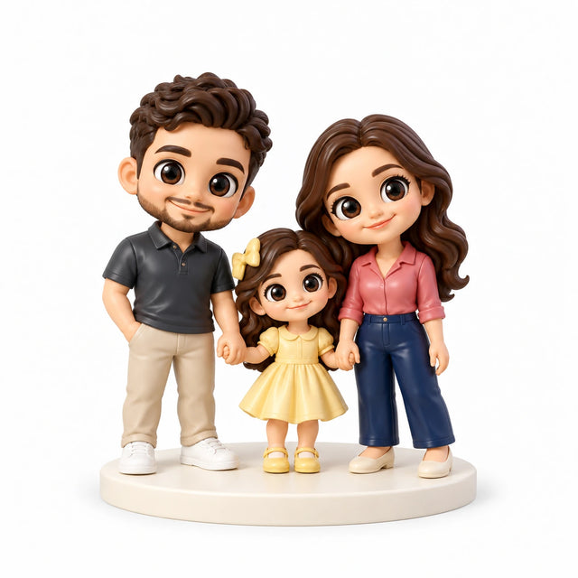 Hand-painted chibi figurine: Parents and Daughter, featuring three people on a white background.