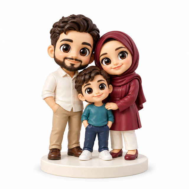 Hand-painted chibi figurine: Family Sunday, featuring three people on a white background.