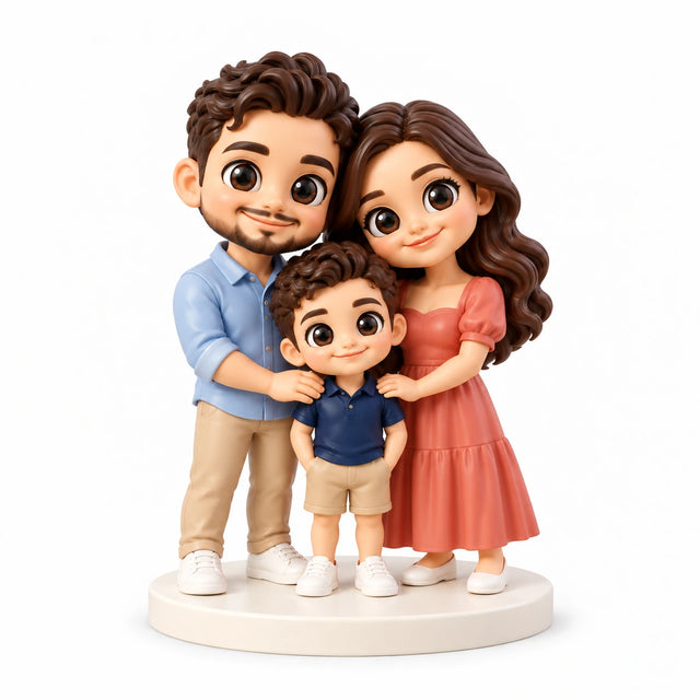 Hand-painted chibi figurine: Family Celebration, featuring three people on a white background.