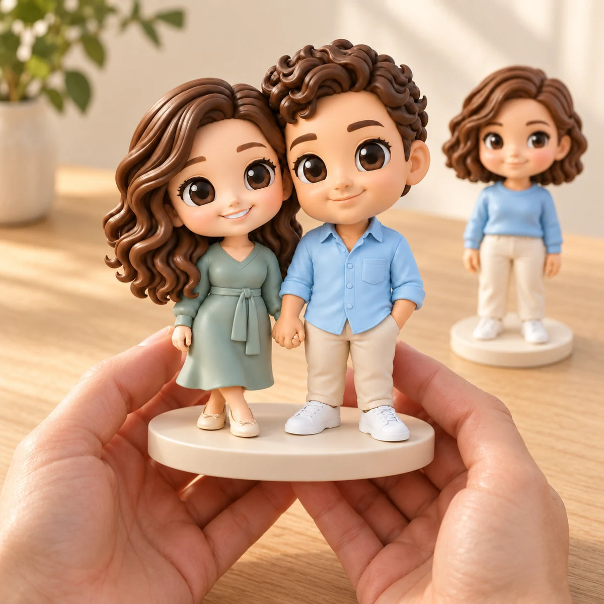 Hands holding a coloured couple figurine, with a single-person figurine on the table behind