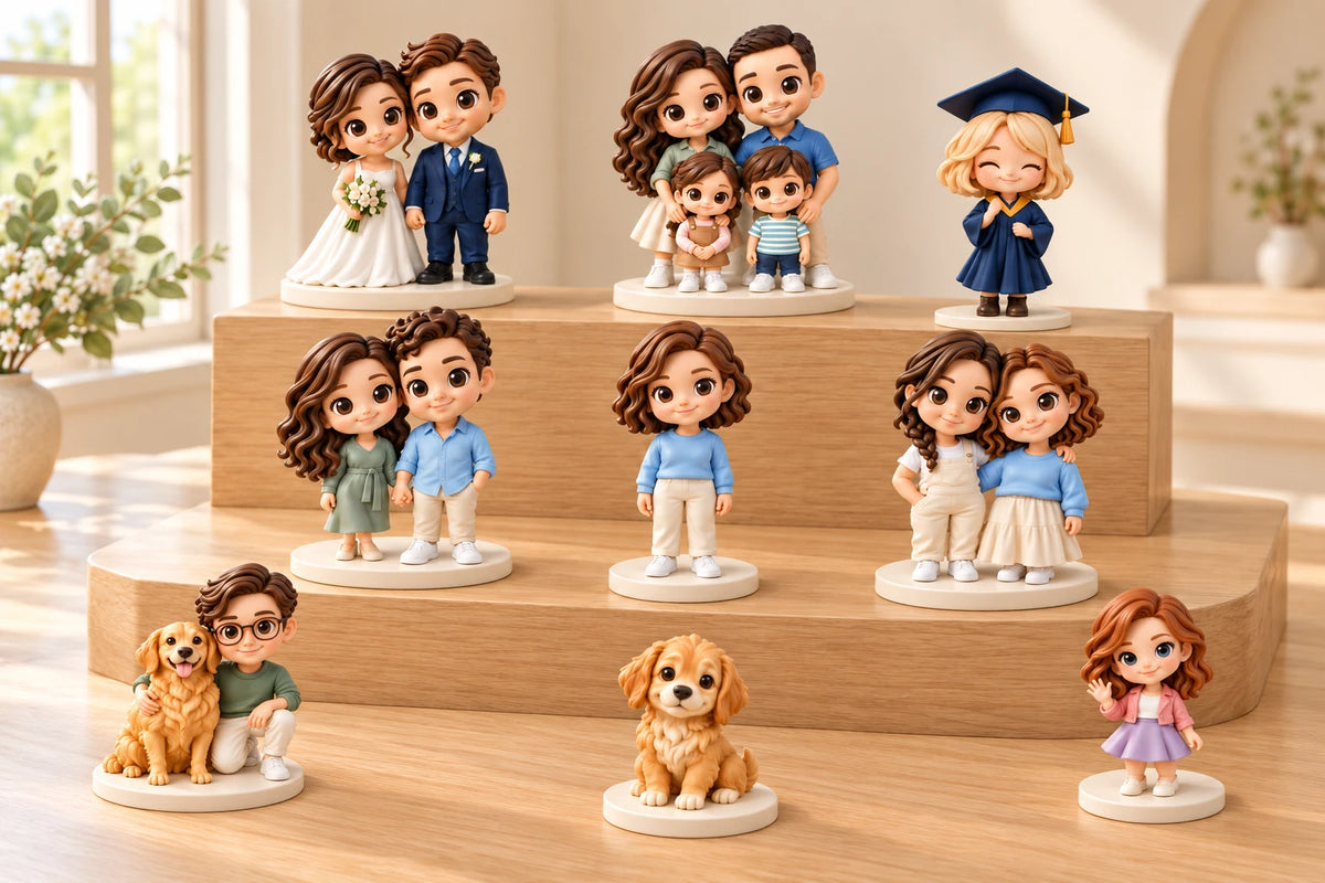 Nine custom figurine designs displayed together on a tiered stand