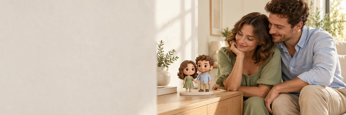 A couple at home beside their matching coloured chibi figurines