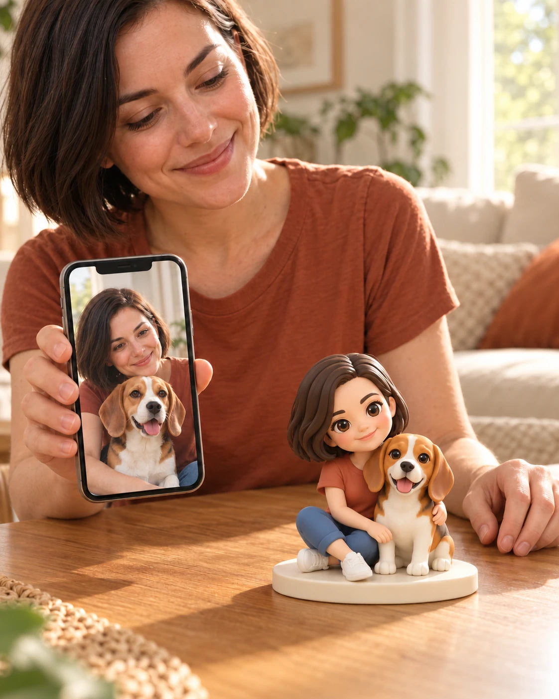 A woman holding a photo of herself and her beagle beside their matching figurines