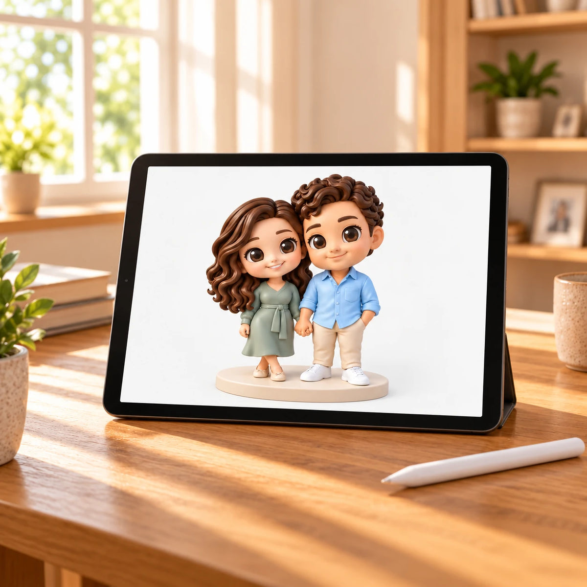 A coloured couple figurine design shown on a tablet