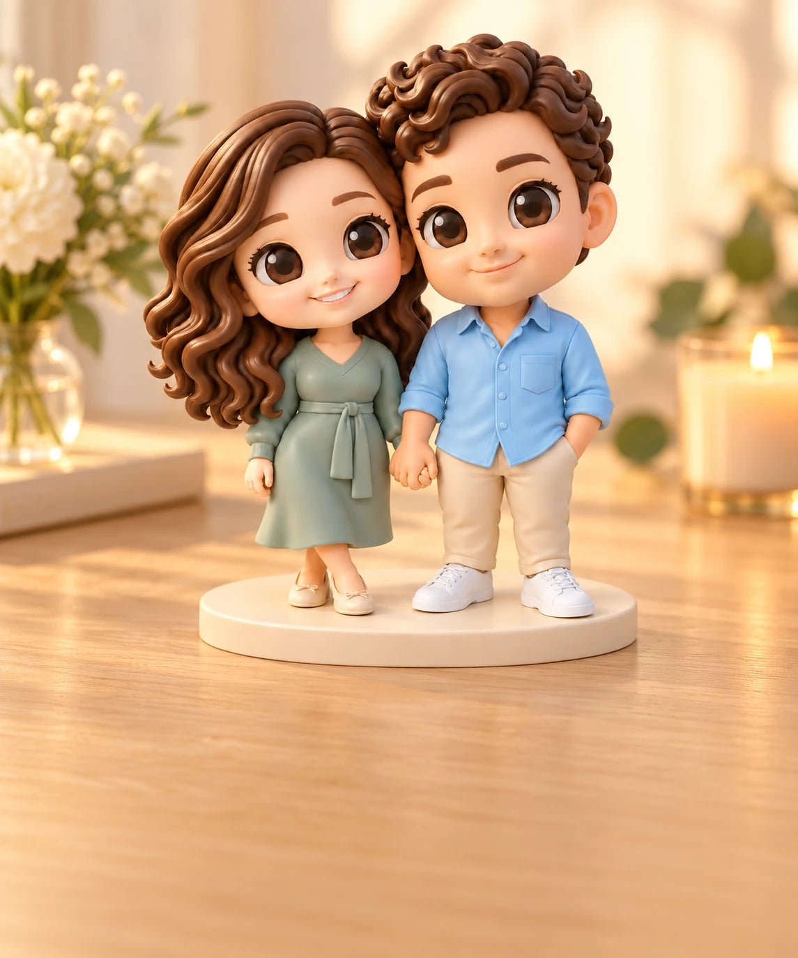 Two coloured custom couple figurines on a shared base