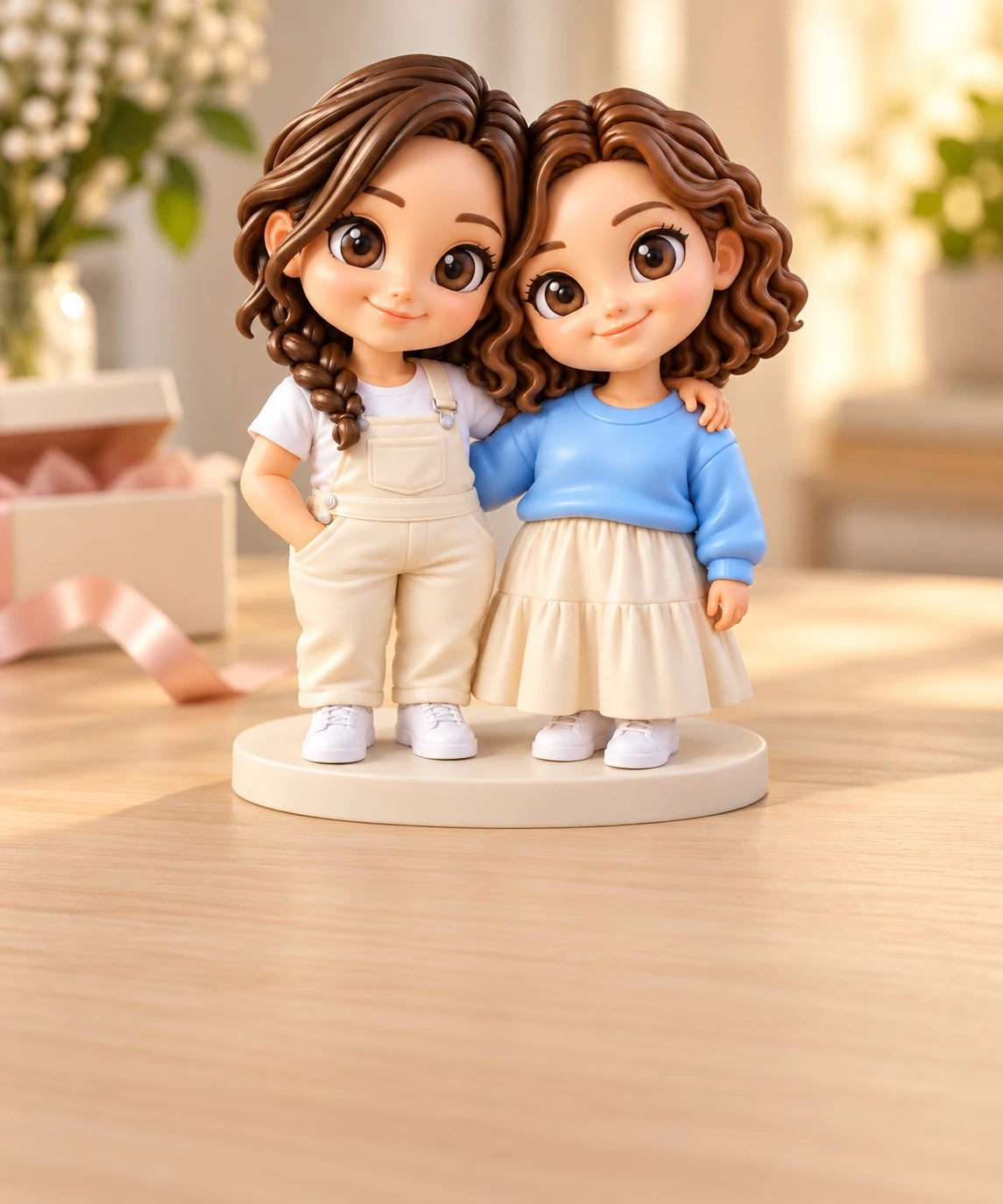 Two best-friend figurines together on one base in a gift scene