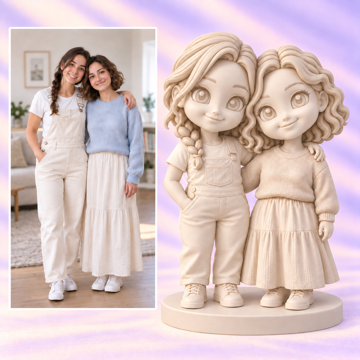 Foto di riferimento accanto alle statuine corrispondenti di due amici in Gallery White