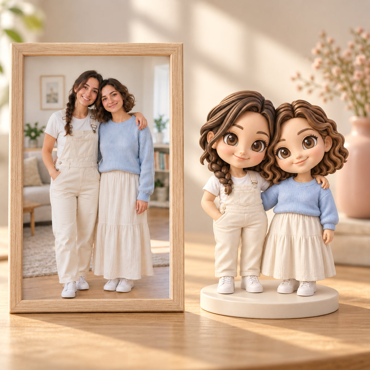 Zwei Freunde auf einem gerahmten Porträt neben ihren passenden handbemalten Chibi-Figuren