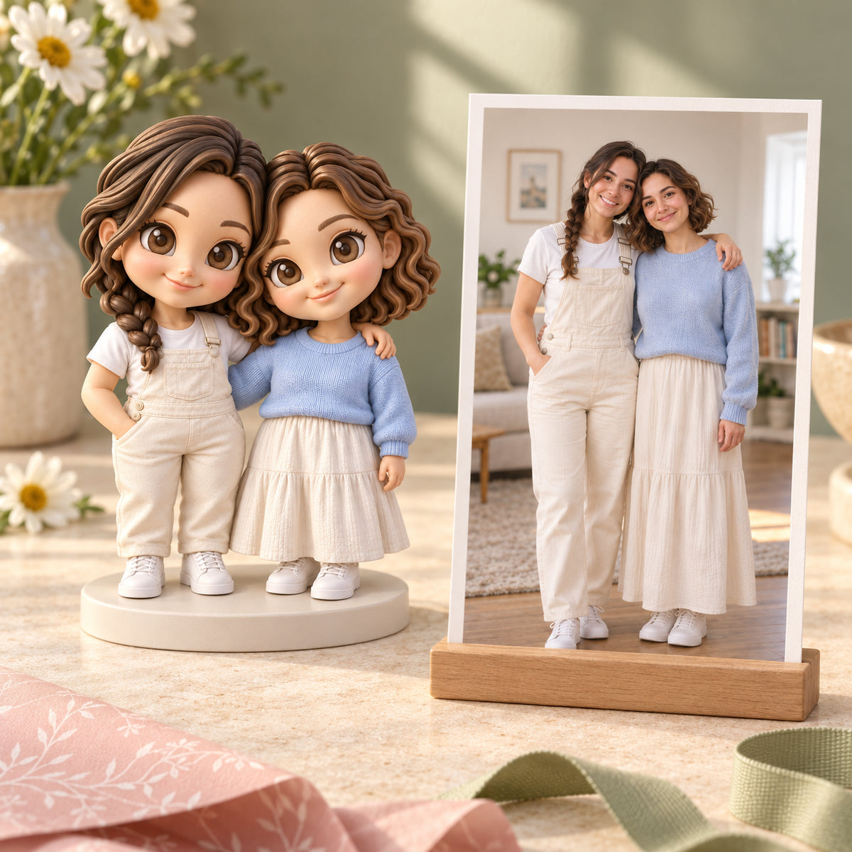 Friendship portrait beside matching hand-painted chibi figures in a gift setting