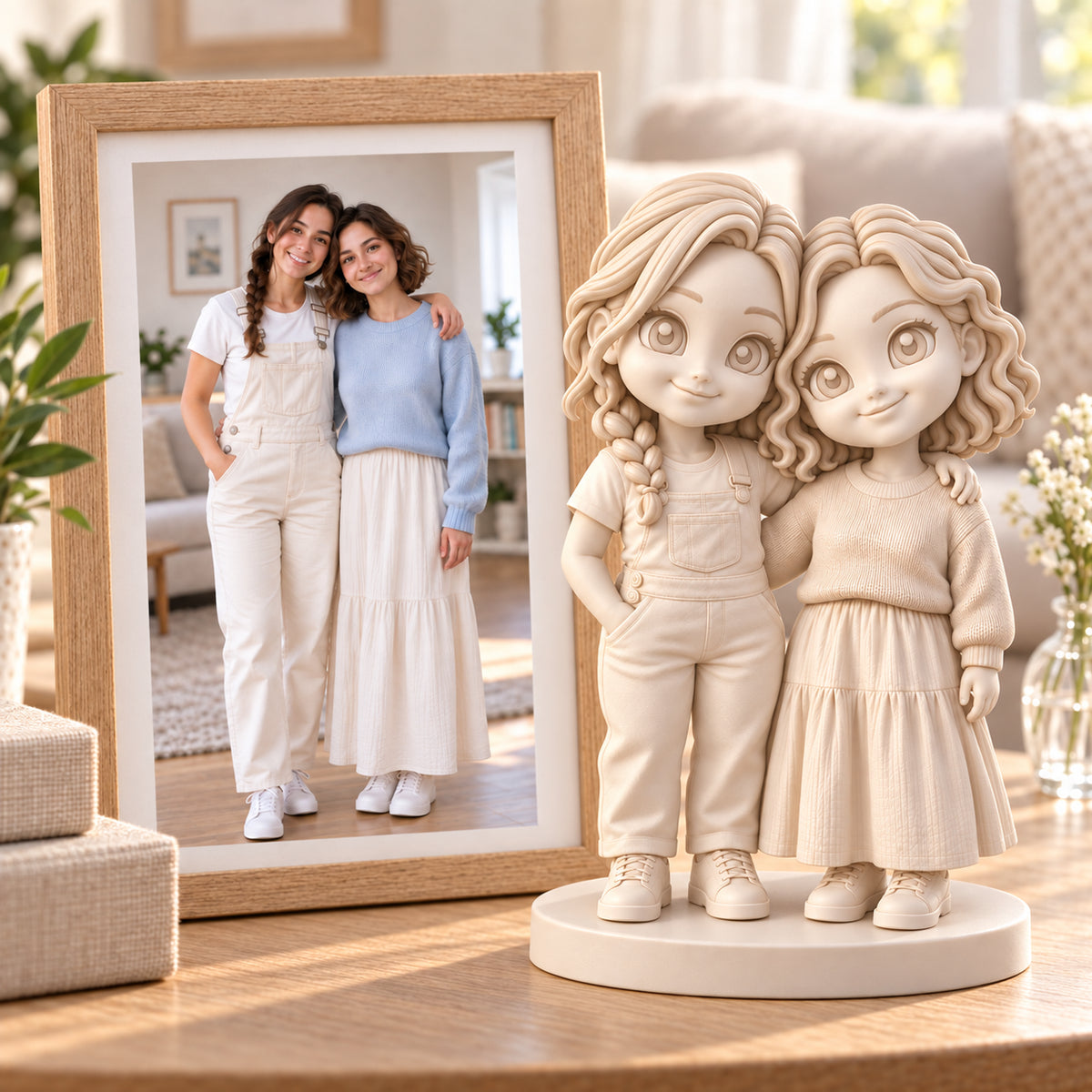 Miniatura Gallery White di due amici accanto alla foto di riferimento corrispondente in un'accogliente scena domestica