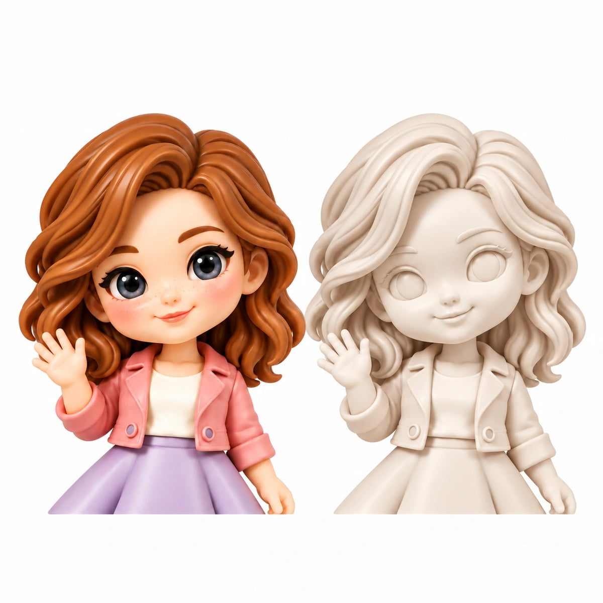 Close-up comparison of hand-painted and Gallery White birthday figurine finishes