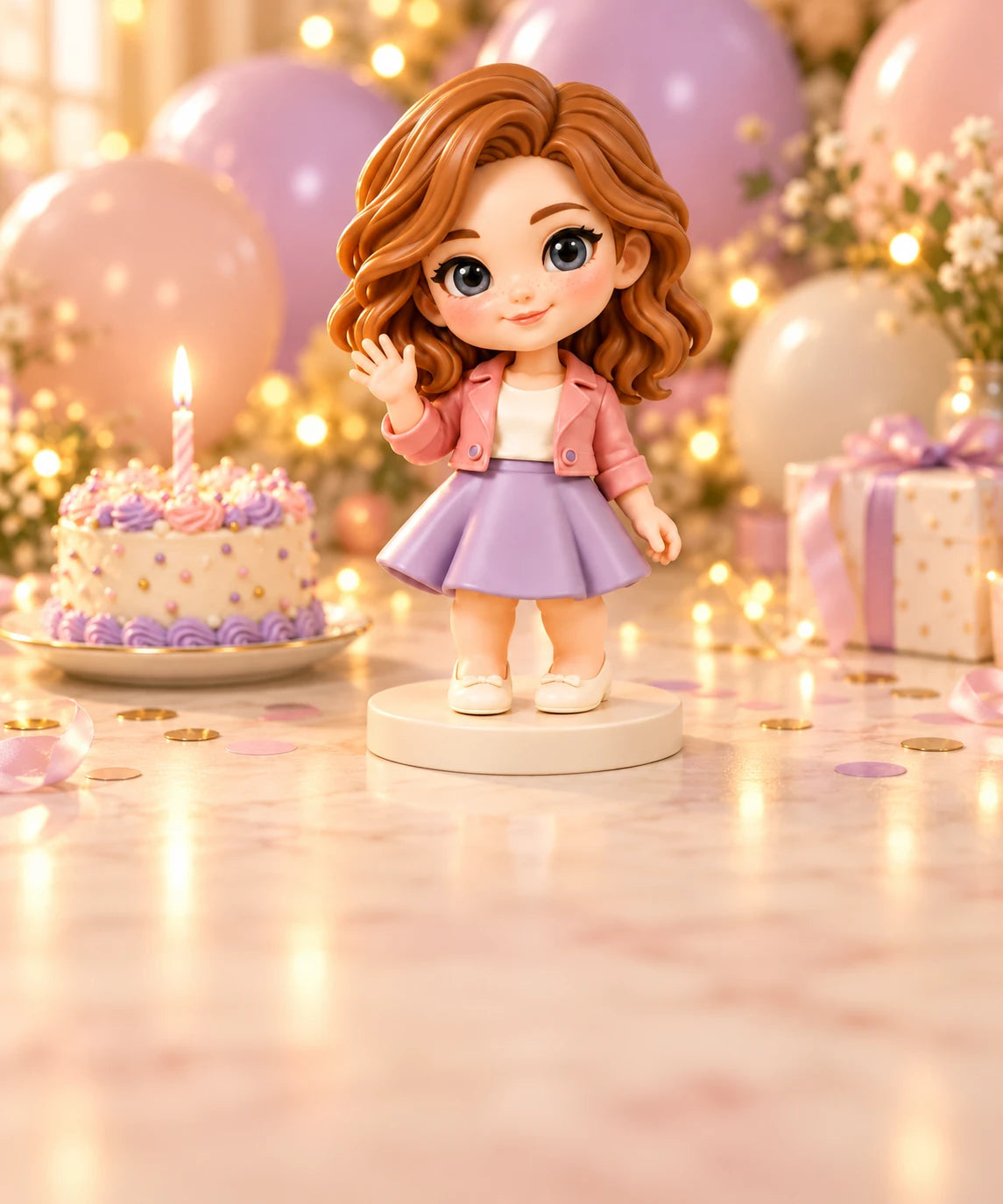 Red-haired birthday figurine in a pink jacket beside a cake