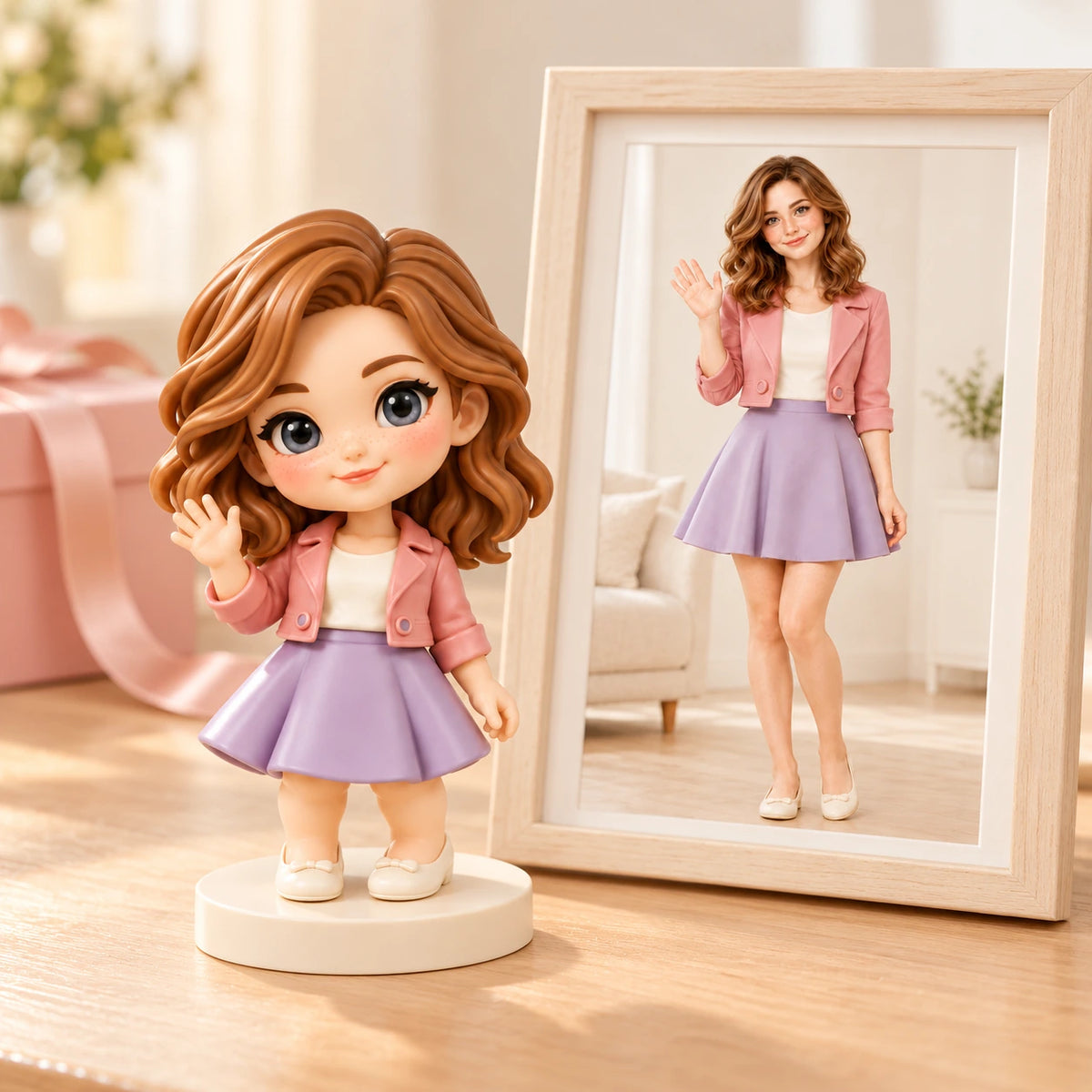 A hand-painted birthday figurine beside a matching photo in a birthday gift setting