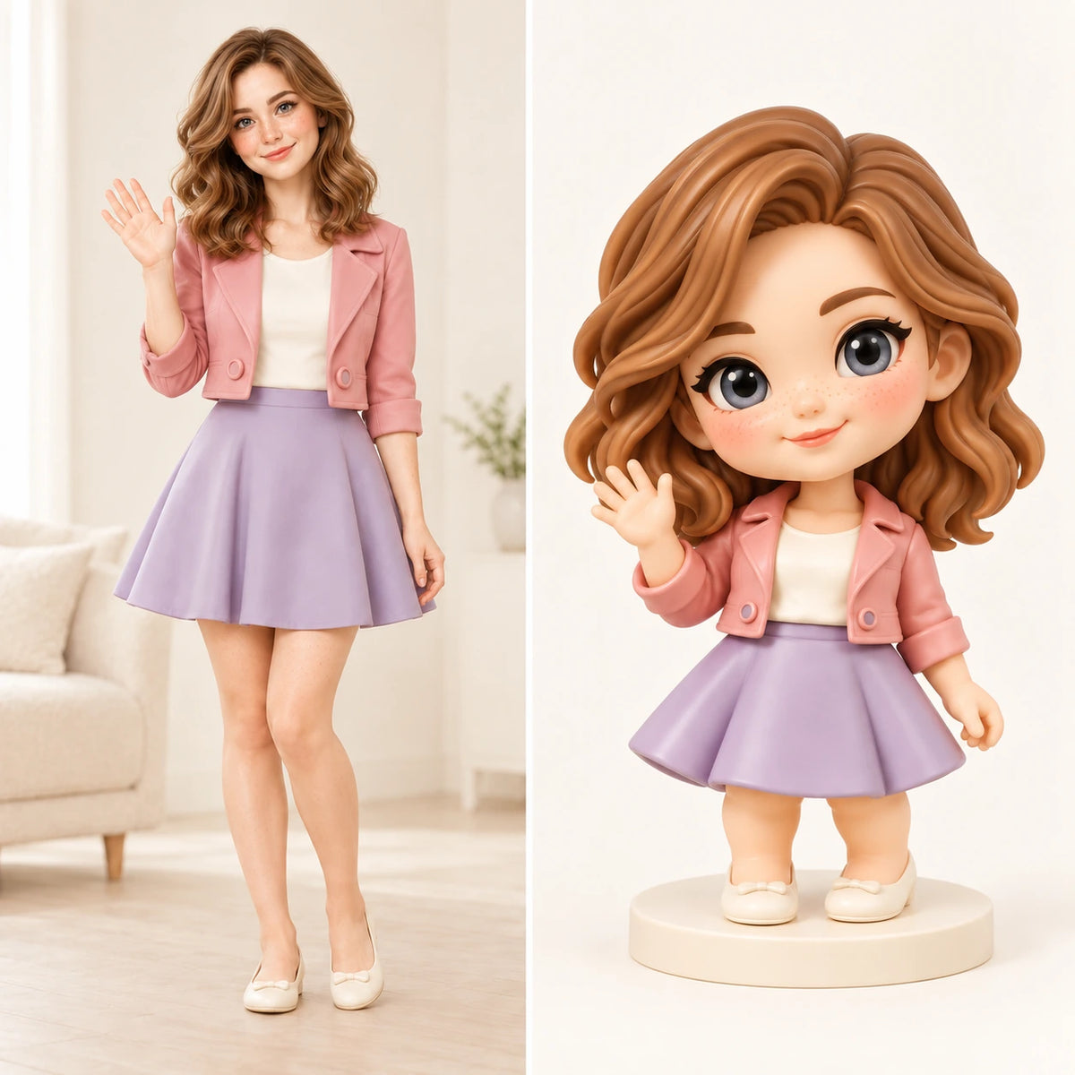 Birthday photo beside a matching hand-painted figurine of a woman in a pink jacket and lilac skirt