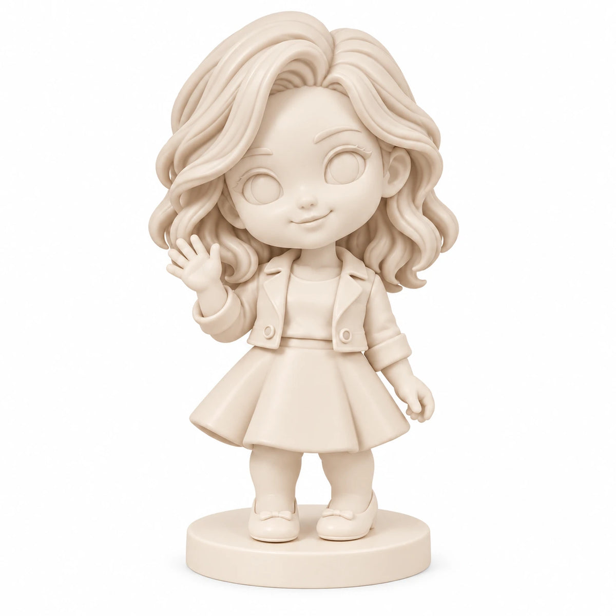 Unpainted Gallery White birthday figurine of a waving woman on a white background
