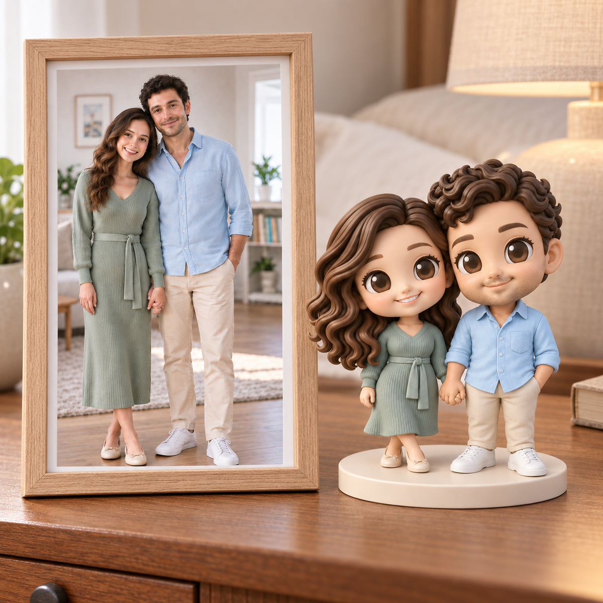 Couple portrait beside matching hand-painted chibi figures on a bedside table