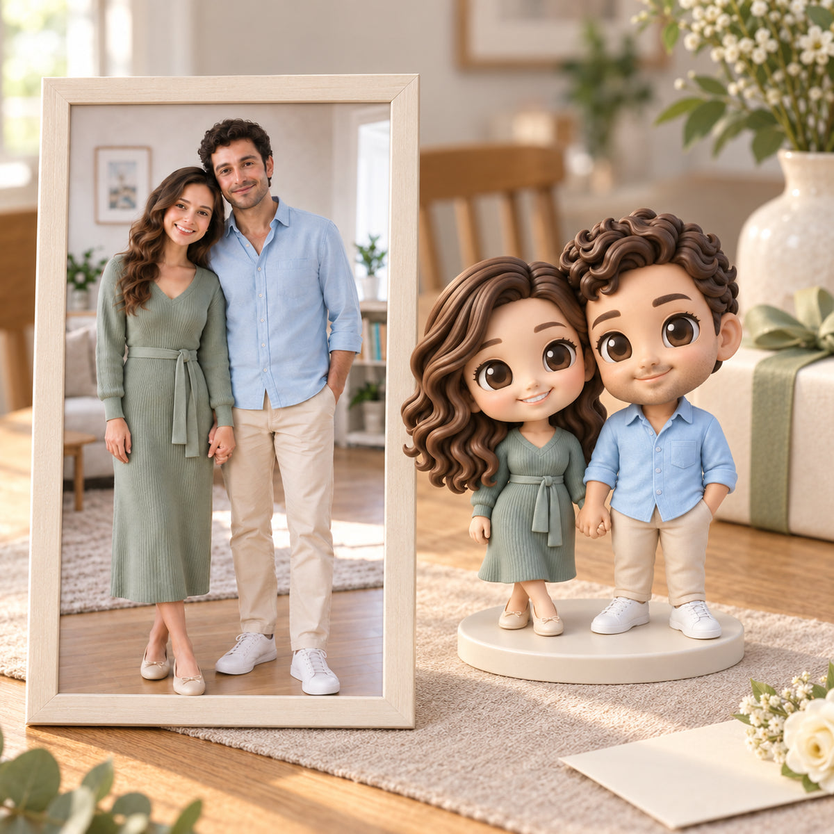 Couple portrait beside matching hand-painted chibi figures in an anniversary gift setting