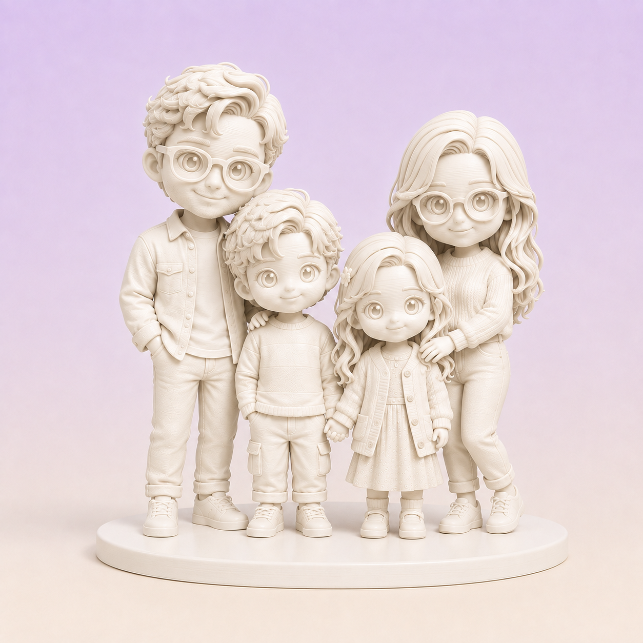 Gallery White finish visualization of a custom four-person family PictoMini figure set