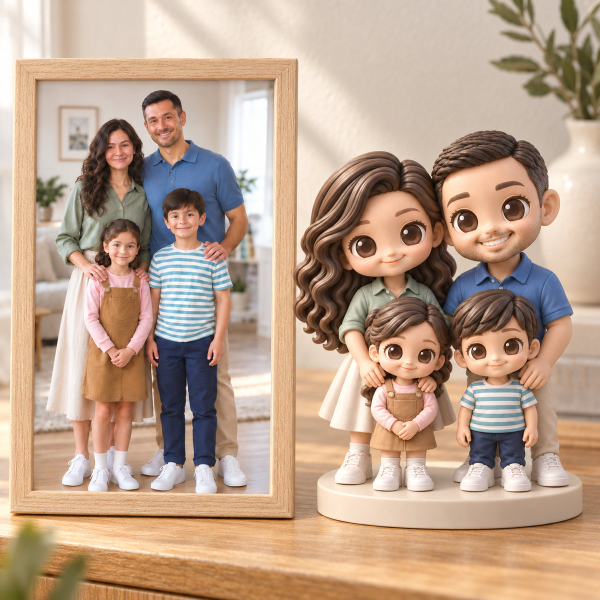 Framed family portrait beside matching four-person hand-painted chibi figures