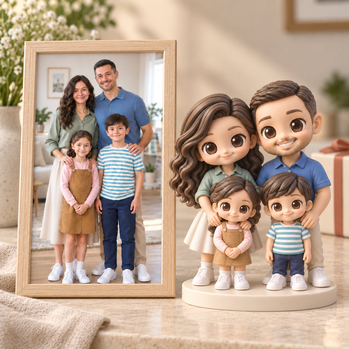 Family portrait beside matching hand-painted chibi figures in a gift setting