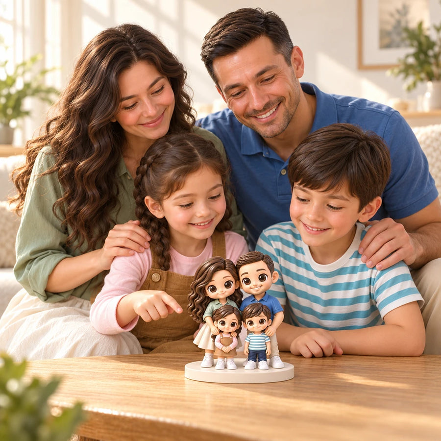 Four family members with their matching custom chibi figures