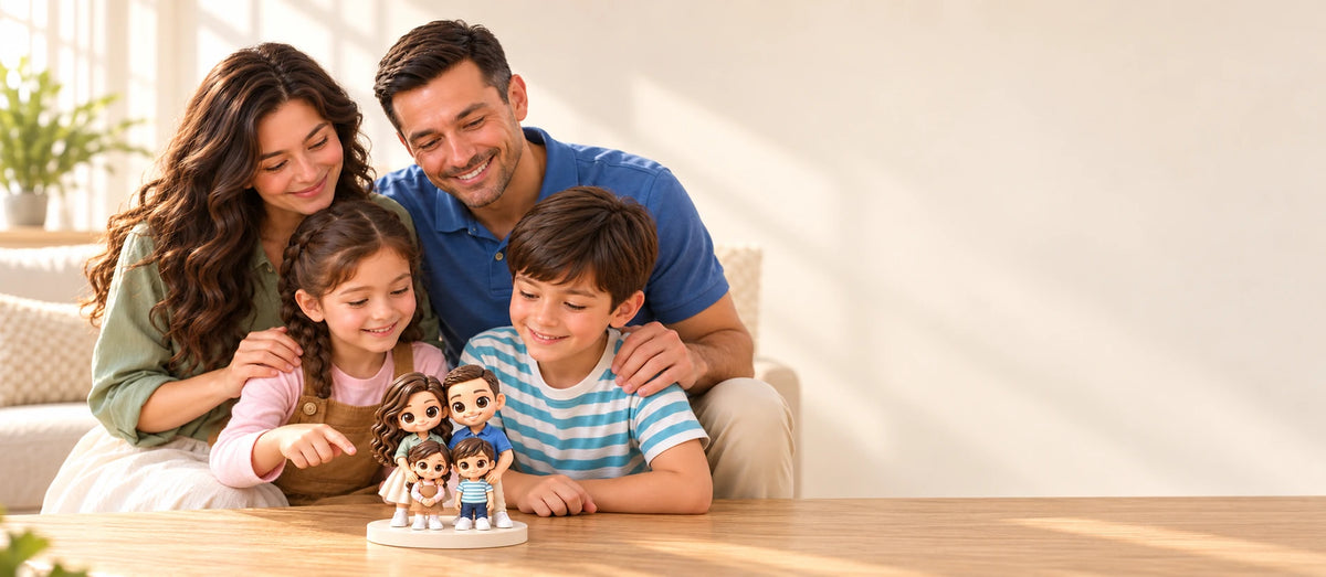 Four family members with their matching custom chibi figures