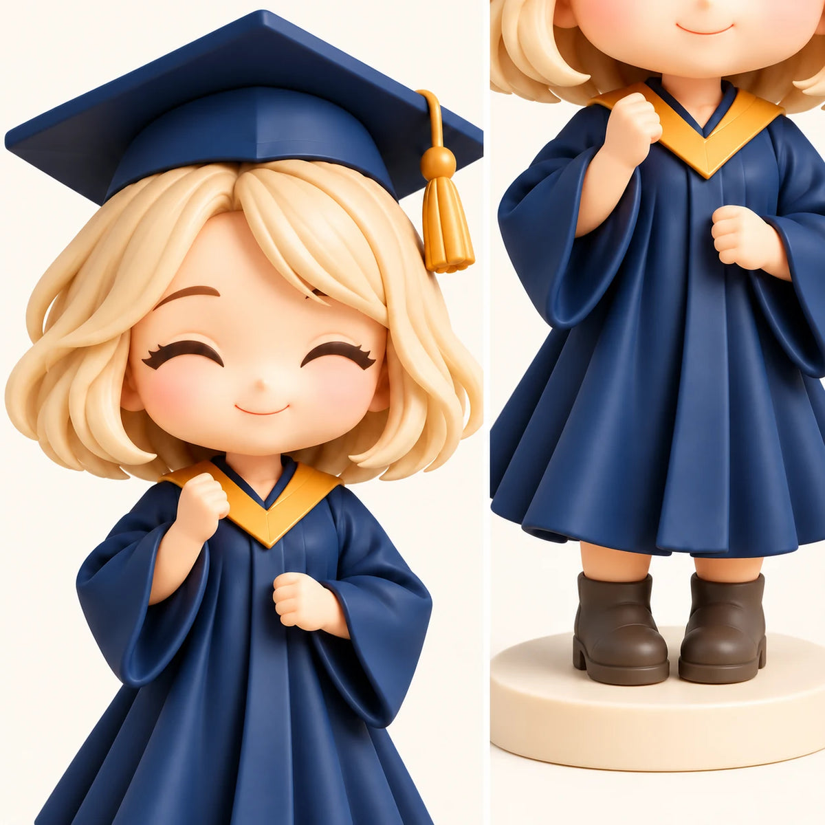 Close-up of sculpted blonde hair, mortarboard and navy gown on a hand-painted graduation figurine