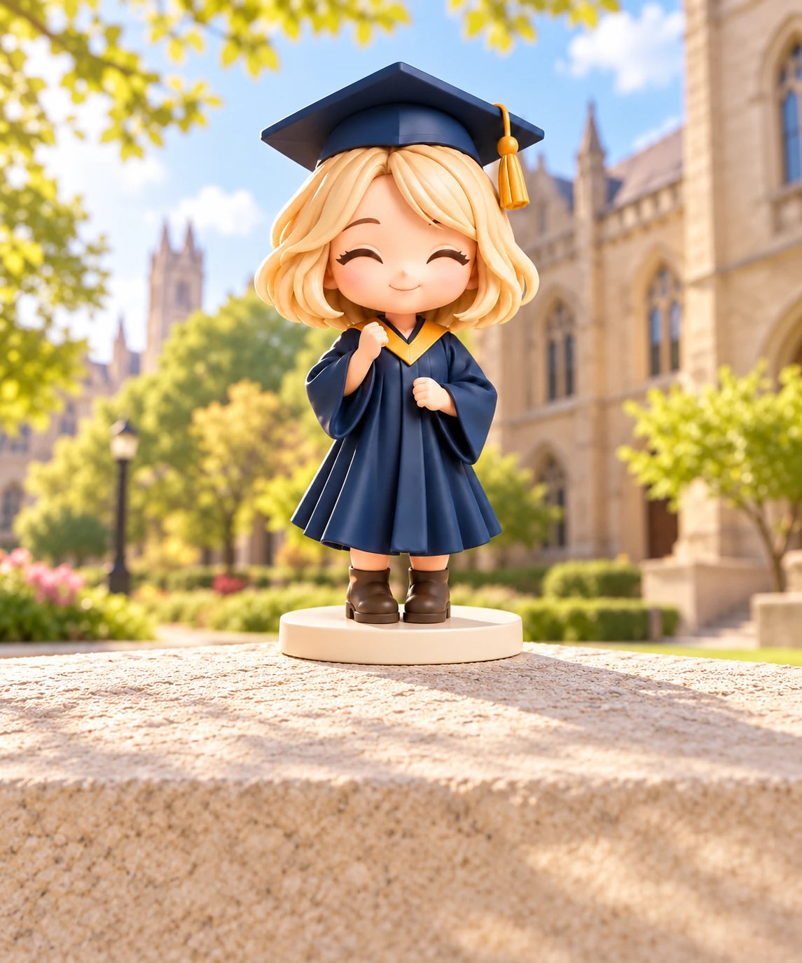 Blonde graduation figurine in a navy cap and gown on a campus