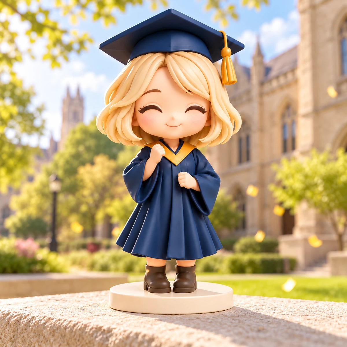 A coloured graduation figurine with cap and gown on a campus