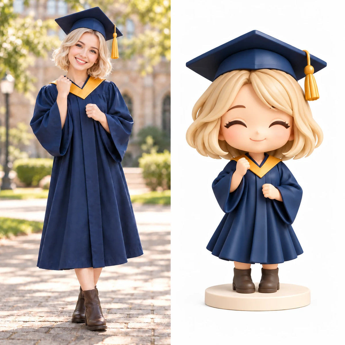 Graduation photo beside a matching hand-painted blonde graduate figurine in a navy cap and gown