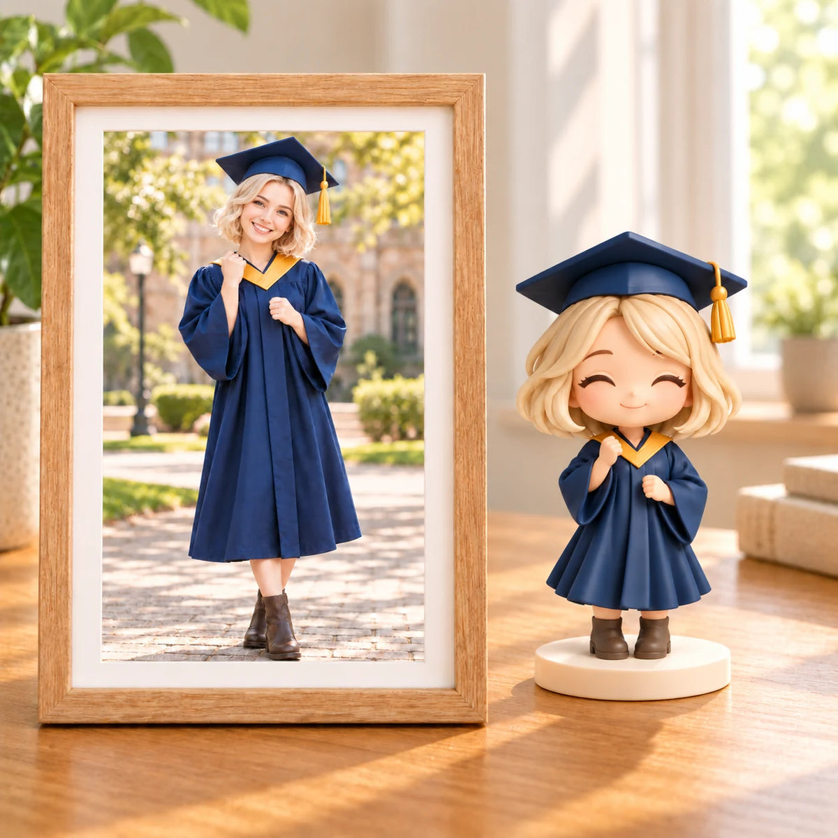 Hand-painted graduation figurine displayed beside its matching graduation photo