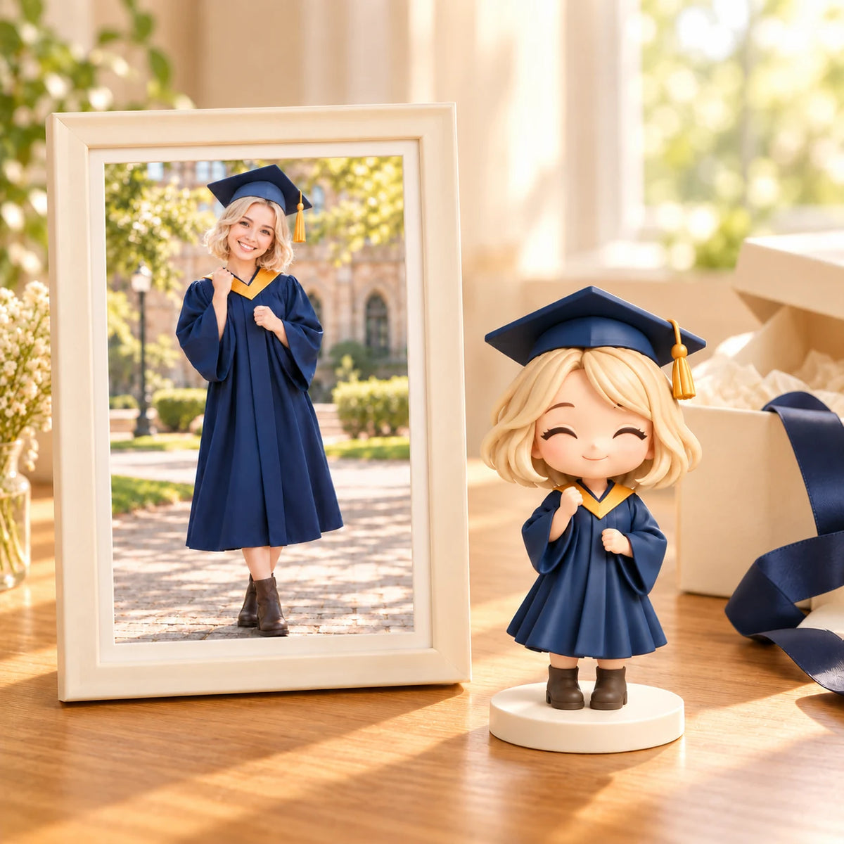 A hand-painted graduation figurine in a graduation gift setting