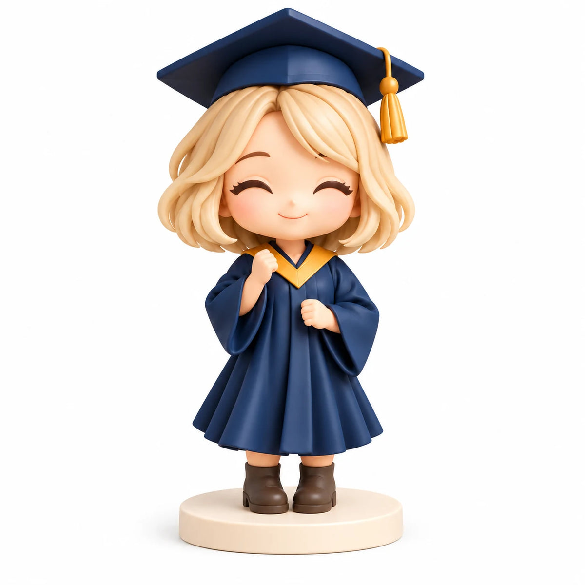 Hand-painted graduation chibi figurine with blonde hair, navy gown and gold stole on a white background