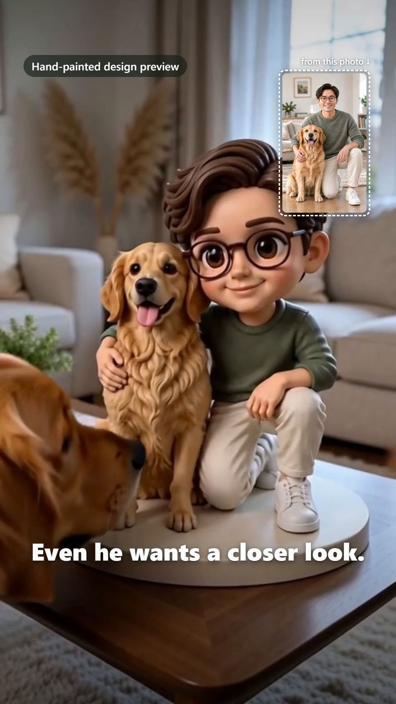 Custom person and pet chibi figurine made from photos, hand-painted design preview video cover by PictoMini