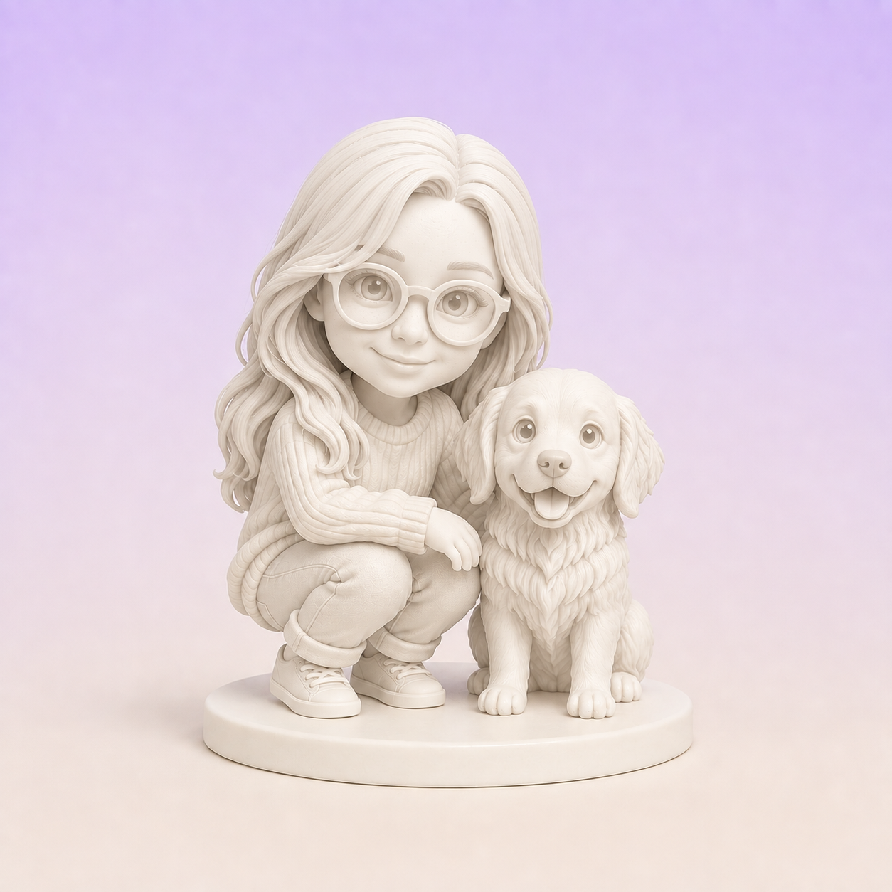 Gallery White finish visualization of a custom person and pet PictoMini figure set