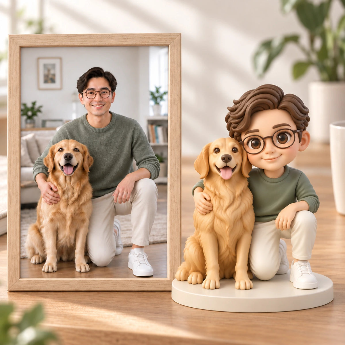 A man and his golden retriever in a photo beside their matching hand-painted chibi figurine