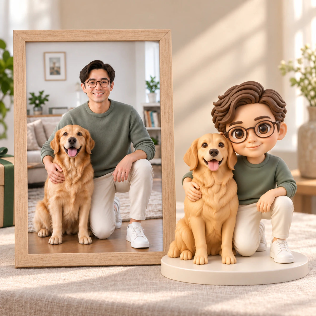A hand-painted figurine of a man and his golden retriever displayed beside their photo in a gift setting