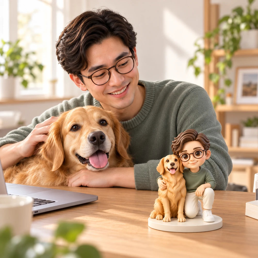 Man with his golden retriever beside matching hand-painted person and dog figurines