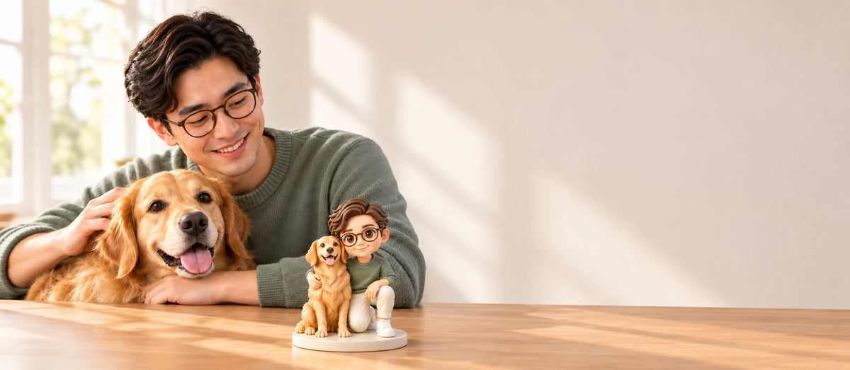 Person and dog beside their matching colourful custom figurines