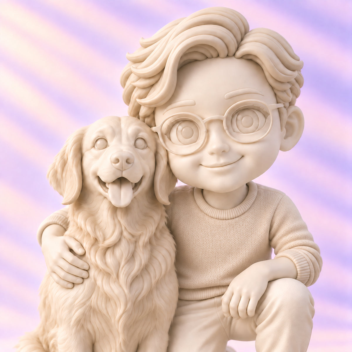 Primo piano dei dettagli scolpiti di una statuina di una persona e un golden retriever in Gallery White